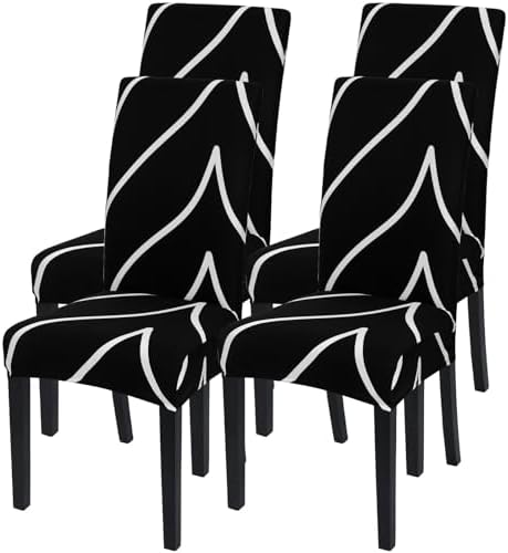 SearchI Dining Room Chair Covers Set of 4, Stretch Parsons Chair Slipcovers Super Fit Spandex Removable Washable Kitchen Chair Protector Cover for Dining Room, Hotel, Ceremony (Black)