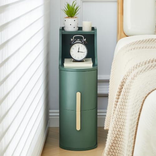 Narrow Nightstand, Wooden 2 Drawer Thin Cylinder Bedside Table with Cable Management Hole, Mid Century Modern Skinny End Table for Bedroom Living Room Small Spaces（Green-1 Piece）