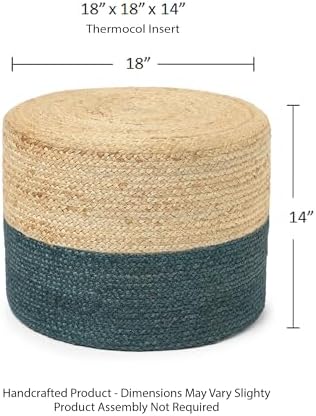 · REDEARTH · Jute Pouf Ottoman - Cylinder Half & Half - Natural Teal