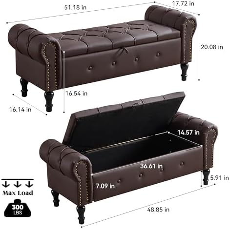 Storage Bench 51" Faux Leather End of Bed Benches Dark Brown