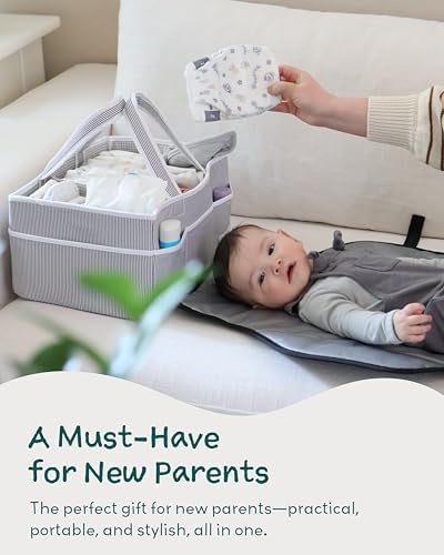 Baby Diaper Caddy Organizer, Baby Shower Basket for Newborn Boys or Girls, Nursery Must Haves for New Mom, Registry Favorites, Large Storage Tote for Changing Table or Car, Gray
