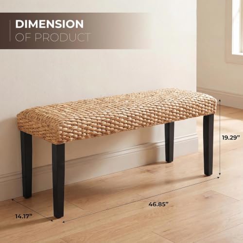 Solid Wood Acacia Indoor Bench, Water Hyacinth Seat, Black Leg, Plait Style