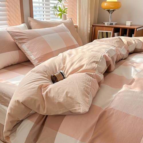 Pink Buffalo Plaid Duvet Cover Set TwinXL Size 100% Washed Cotton Zipper Bedding Set 3 Piece, Soft Breathable Checkered Comforter Cover and 2 Pillowcases, Vintage Farmhouse Kids Bedding Duvet Cover