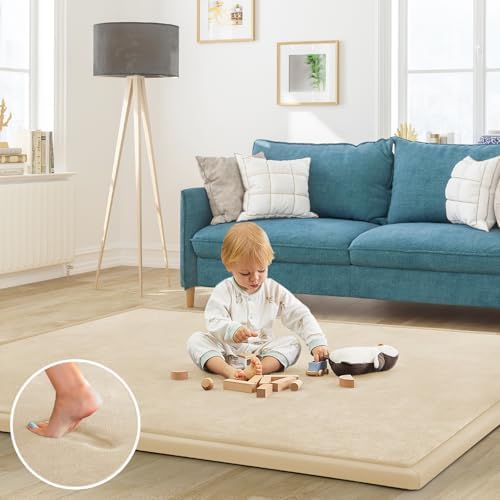 Baby Play Mat for Floor Nursery Rug Muscle Mat Area Rug Playroom Rug Playpen Mat Elastic Foam 1.3" Thick Crawling Mat for Babies,Toddlers, Infants, Kids 79"x118",A Beige