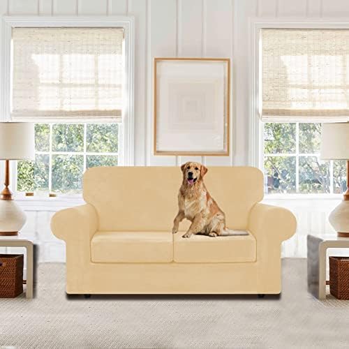 WEERRW Velvet Stretch 3 Pieces Couch Cover for Sofa Washable, Champagne