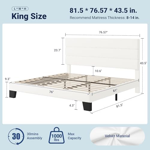 Allewie King Size Platform Bed Frame with Velvet Upholstered Headboard
