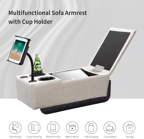 Removable Sofa Armrest with Cup Holder, PU Leather Multifunctional Couch Caddy Storage Arm rest with Power Wireless Charging Stand & LED Reading Light for Sofa Middle Seat Adjustable
