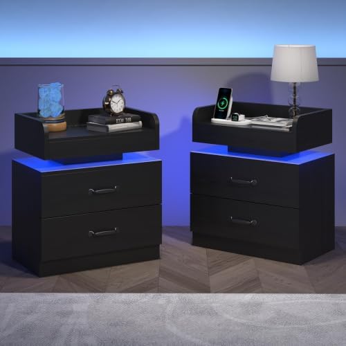 4ever2buy Black Nightstand with Charging Station and LED Lights
