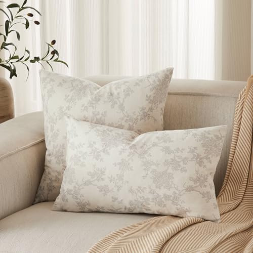 2 Pack French Floral Throw Pillow Covers 20x20in, Grey/Cream