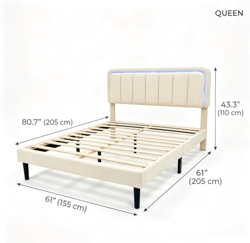 Garvee Queen Size Bed Frame with LED Lights & Upholstered Headboard