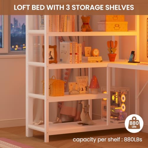 Loft Bed Full Size with L Shape Desk,4 Drawers,3-Tier Storage Shelves Metal Loft Bed Frame with Power Outlet and LED Lighted,No Box Spring Needed,Space-Saving,Noise Free (White, Full Size)