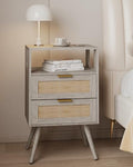 JOONEE Rattan Nightstand,Farmhouse Bedside Table with 2 Storage Drawer and Open Wood Shelf, for Bedroom and Small Spaces,Night Stand with Solid Wood Legs (Grey Oak)