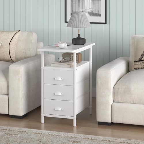 sthmec End Table with Charging Station, Side Tables Livingroom with USB Ports and Outlets,Narrow Nightstands Bedside Tables with 3 Drawers PU Finish for Small Space,Slim Sofa Table Bedroom,White