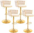 Gold Bar Stools Set of 4, Modern Adjustable Bar Height Barstools, Velvet Swivel Bar Chairs with Woven Backrest, Metal Footrest & Base, Upholstered Counter Stools for Kitchen Island, Beige