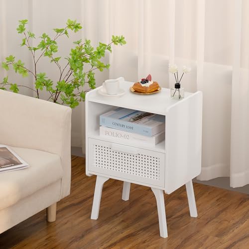 Lerliuo Rattan Nightstands Set of 2, Side Table with Drawer Open Shelf