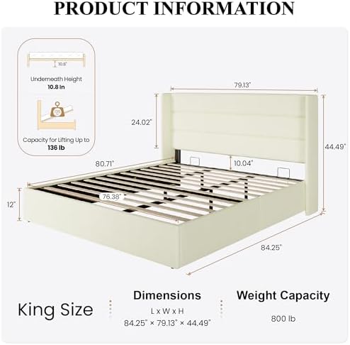 SHA CERLIN King Size Chenille Lift Up Hydraulic Storage Bed Frame Cream