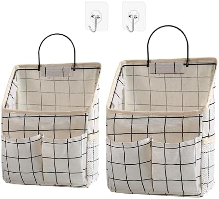 2 Pack Wall Hanging Storage Bags, Organizer with Pockets, Storage for Dormitory Bathroom Bedroom Kitchen (White Grid)