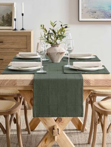ZeeMart Linen Checked Farmhouse Table Runner, 13x36 Inches Army Green