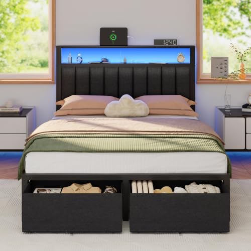 Furnulem Full Size Bed Frame with Storage Drawers and Upholstered Headboard