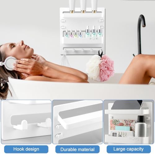 Bedside Wall Shelf, Adhesive Floating Shelves Dorm Decor with 5 Hooks