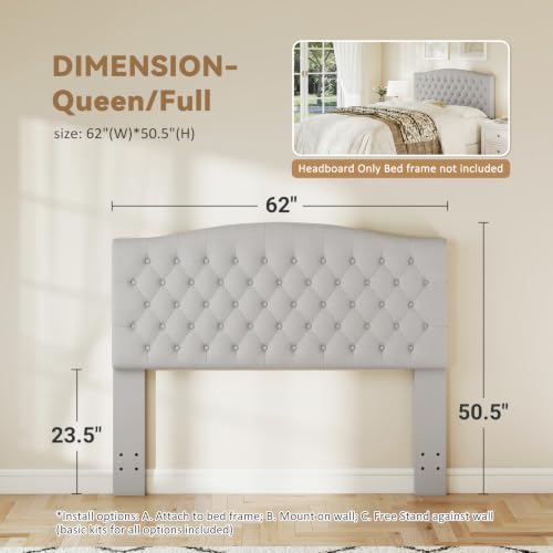Befurtori Queen Headboard Only, Velvet Classic Tufted Design, Light Gray