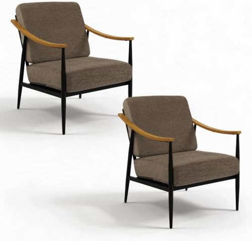 RNKSFX Modern Accent Chairs Set of 2 for Living Room Bedroom Mid Century Arm Chairs Upholstered Office Accent Chairs Comfy Waiting Room Chairs with Metal Frame, Brown