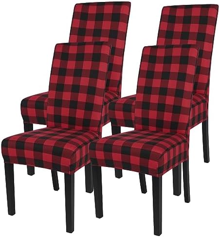 SearchI Christmas Chair Covers Set of 4, Stretch Xmas Kitchen Chair Cover Removable Washable Holiday Parsons Chair Slipcovers for Dining Room, Christmas Decoration, Ceremony (Black/Red Plaid)