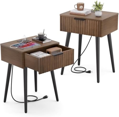 HAIOOU Fluted Mid Century Modern Nightstands Set of 2 with Charging Station