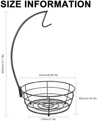 Livabber Countertop Fruit Basket Bowl with Banana Hanger, Modern Standing Fruit Vegetable Bowl Storage, with Banana Tree Holder for Kitchen Dinning Table (Round Metal, Black)