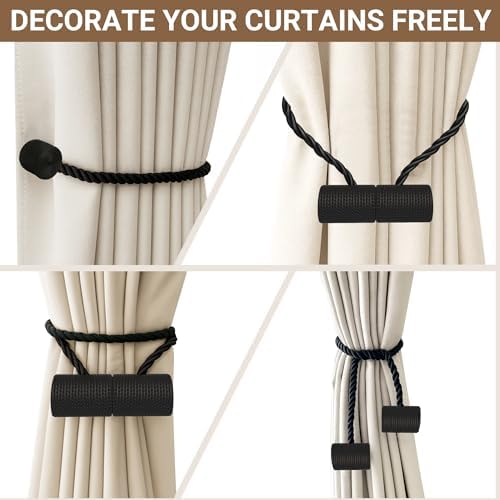 Hion Magnetic Curtain Tiebacks Black 6pcs, Curtain Holdbacks Hooks Holders