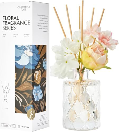 Chloefu Lan Creamy Vanilla Reéd Diffuser, Milky Coconut, 6.7 oz Flower Diffuser with Sticks, Modern Farmhouse Decor, Bathroom & Office Decor, Room Freshener