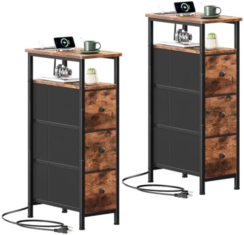 Somdot Narrow End Table Set of 2, Charging Station, Side Table, 3 Drawers