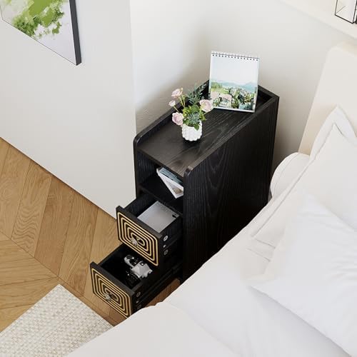 Narrow Nightstand Set of 2 with 2 Drawers&Open Shelf,Solid Wood Legs,Black