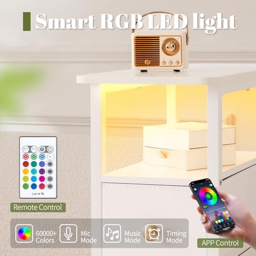 Yoobure Narrow Nightstand with Charging Station, LED Tall Narrow Side Table