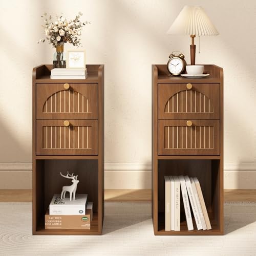 9.84" Narrow Nightstand Set of 2, Fluted Slim Bedside Table with 2 Drawers, Mid Century Modern Small End Table with Gold Metal Handles, for Bedroom, Living Room & Small Spaces - Walnut