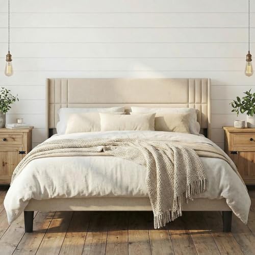 Gizoon King Bed Frame with Wingback Headboard, Upholstered Platform Bed