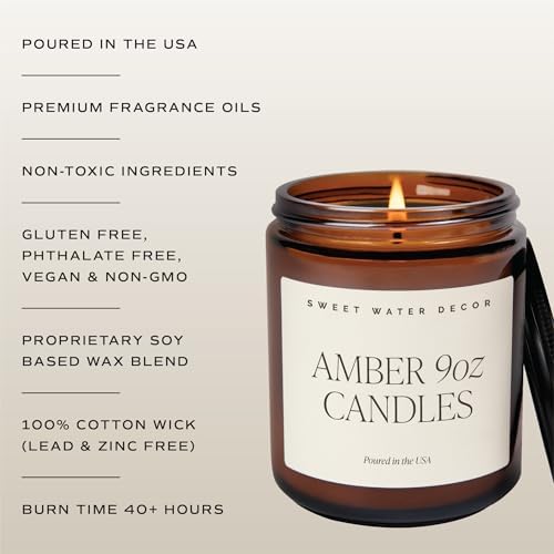 Sweet Water Decor Farmhouse Candle, Non-Toxic Soy Wax, 9oz Amber Glass Jar