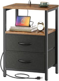 Huuger Nightstand with Charging Station, Side Table with Fabric Drawers
