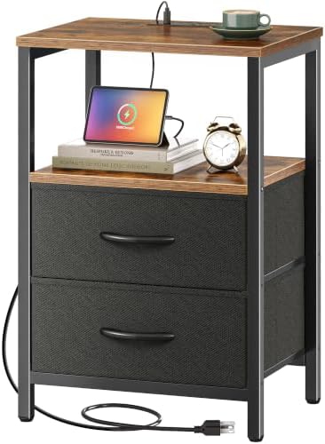 Huuger Nightstand with Charging Station, Side Table with Fabric Drawers