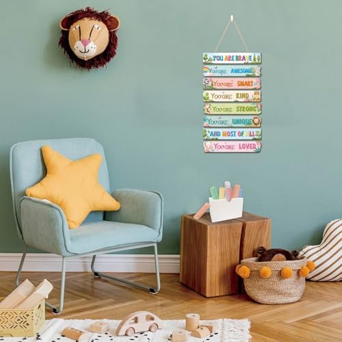 HLNIUC Woodland Nursery Wood Decor,Safari Animals Wooden Hanger,Motivational Quotes Hanging Signs,Colorful Inspirational Hanging Plaque,Boho Rainbow Wall Wreath For Nursery Bedroom Classroom