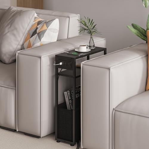 Leomonio Narrow Side Table, Slim Night Stand with Magazine Rack