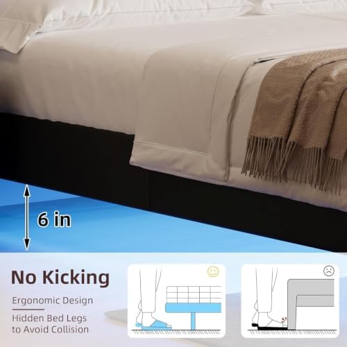 Floating Full Bed Frame, RGB LED Lights, Diamond Tufted Headboard, Black