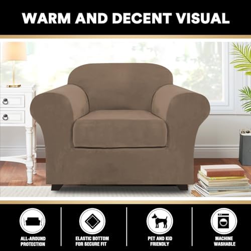 PrinceDeco Velvet Plush Couch Cover Stretch 2 Piece Chair Cover Chair Slipcover Washable Furniture Protector Couch Soft with Elastic Bottom Armchair Cover Width Up to 49 Inch(Small, Mocha)