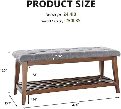 kinmars Entryway Bench with Shoe Rack, 42.5" Bedroom Bench, grey