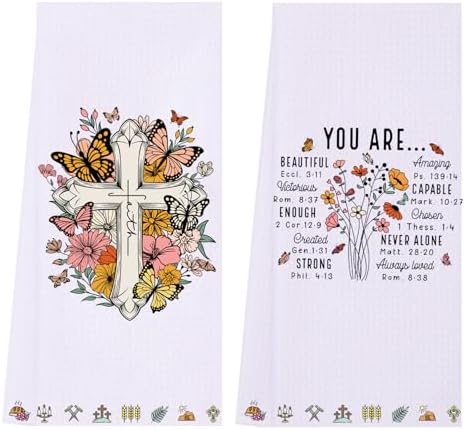 LXOMILL Christian Gifts for Women, Religious Kitchen Towels Set of 2, Floral Butterfly Bible Verse Dish Towels, Faith Gift for Mom, Friends, Christian Home Decor