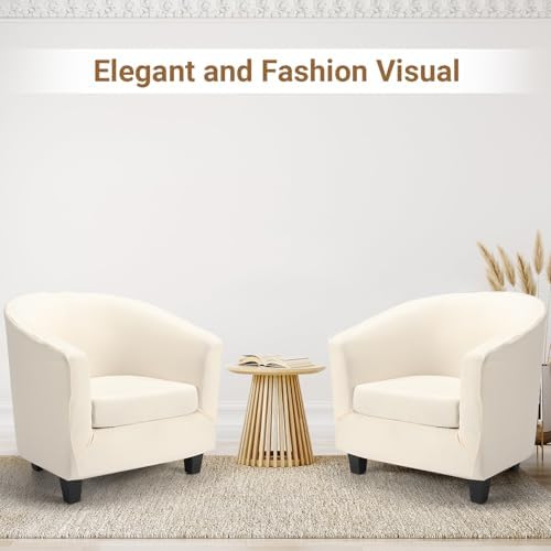 Barrel Chair Covers 2 Piece, Round Couch Covers Club Chair Slipcover with Cushion Cover, Beige Soft Stretch Armchair Slipcovers with Elastic Bottom Washable Furniture Protector for Pet Dog
