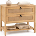 GIANTEX Rattan Nightstand with 2 Drawers, 27" Wide Boho Bedside Table