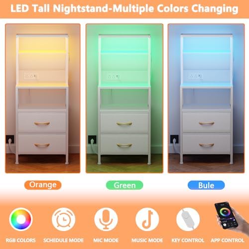 Furnulem White Nightstand, Tall Night Stand with Charging Station