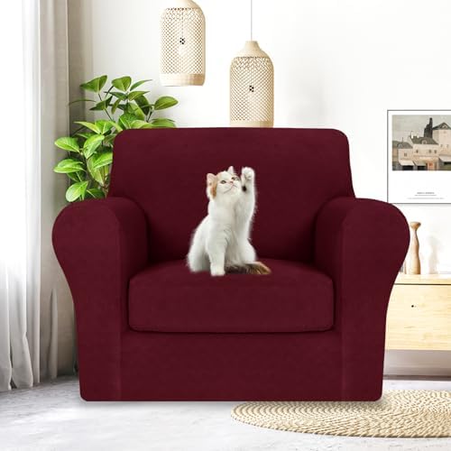 MAXIJIN 2 Piece Chair Covers Chair Slipcover with Arms, Sofa Chair Cover for Living Room Armchair Cover, Stretch Pet Dog Slip Cover for A Chair with 1 Cushion (31"-46", Wine Red)