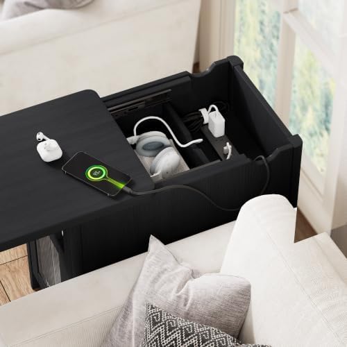 iPormis End Table with Charging, Narrow Side Table for Living Room, Black